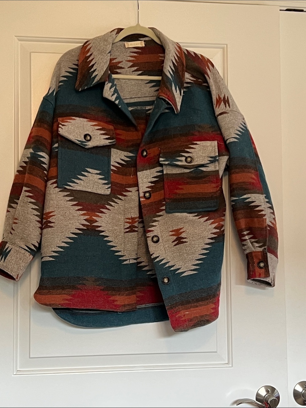 Altar'd State Teal, Rust & Gray Aztec Print Jean Jacket